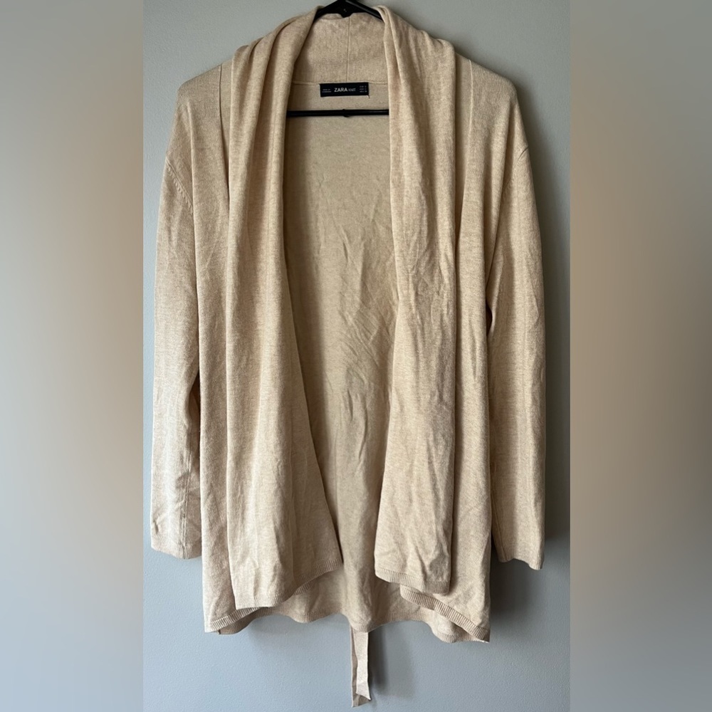 Zara knit Womens small Open Front long Cardigan Sweater oatmeal cottage preppy